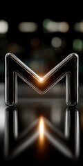 Chrome letter M with golden light and reflection on dark glossy surface blurred lights background