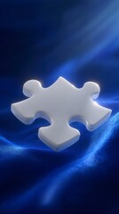 White puzzle piece resting on a textured blue surface with ethereal light rays