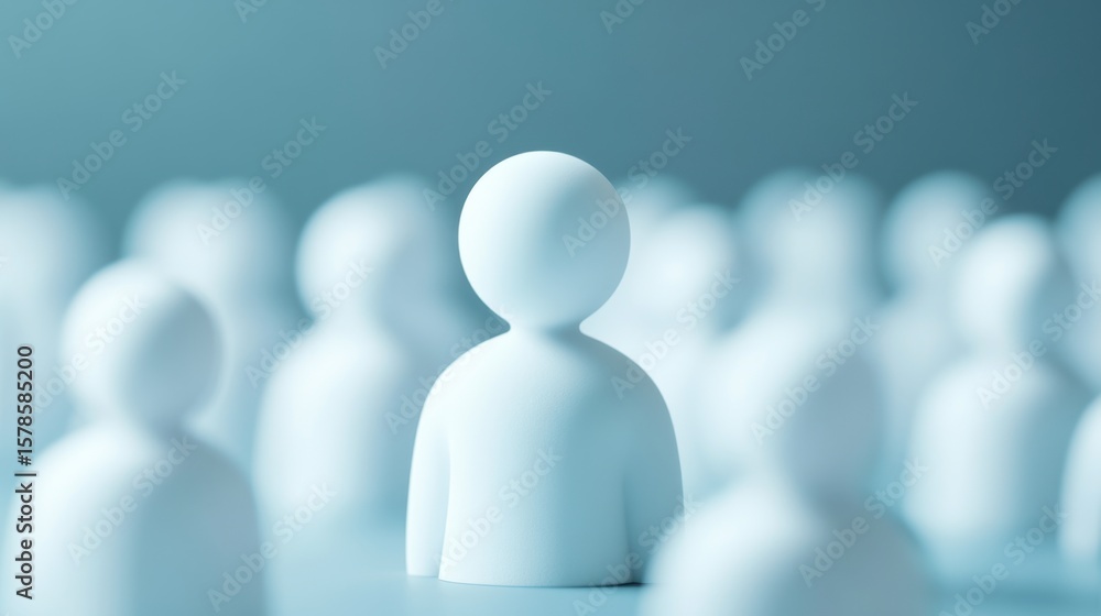 Poster minimalistic representation of individuality amidst a crowd of white figures in a calming blue backg