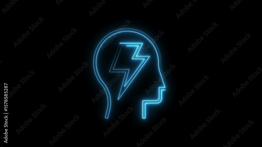 Poster glowing neon head with lightning brain concept animation on a dark background