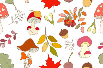 Seamless pattern with cozy and cute autumn leaves, twigs, mushrooms. Perfect for fabrics, wallpaper, background, wrapping paper. Vector
