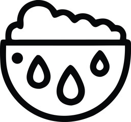 Stylized black outline icon of a bowl filled with fluffy white foam and three falling water droplets