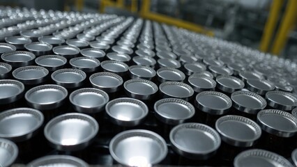 Industrial aesthetic: rows of identical silver metal bottle caps mockup glide along a modern factory conveyor belt. Metallic textures highlight precision and manufacturing. Beverage packaging template