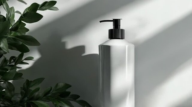 White cosmetic dispenser bottle mockup with black pump and green leaves is standing on white surface