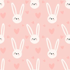 Cute seamless pattern with white bunny faces and light pink hearts scattered on a pastel pink background. Adorable design for Easter and baby themes.
Keywords: