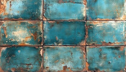 Rustic teal tiles with peeling paint and brown edges create a textured surface. Use as background for designs with vintage or industrial style.