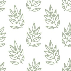 Seamless pattern with sage green outlined leaf branches on a white background. A clean, minimalist botanical design for textiles, decor, and digital art.
