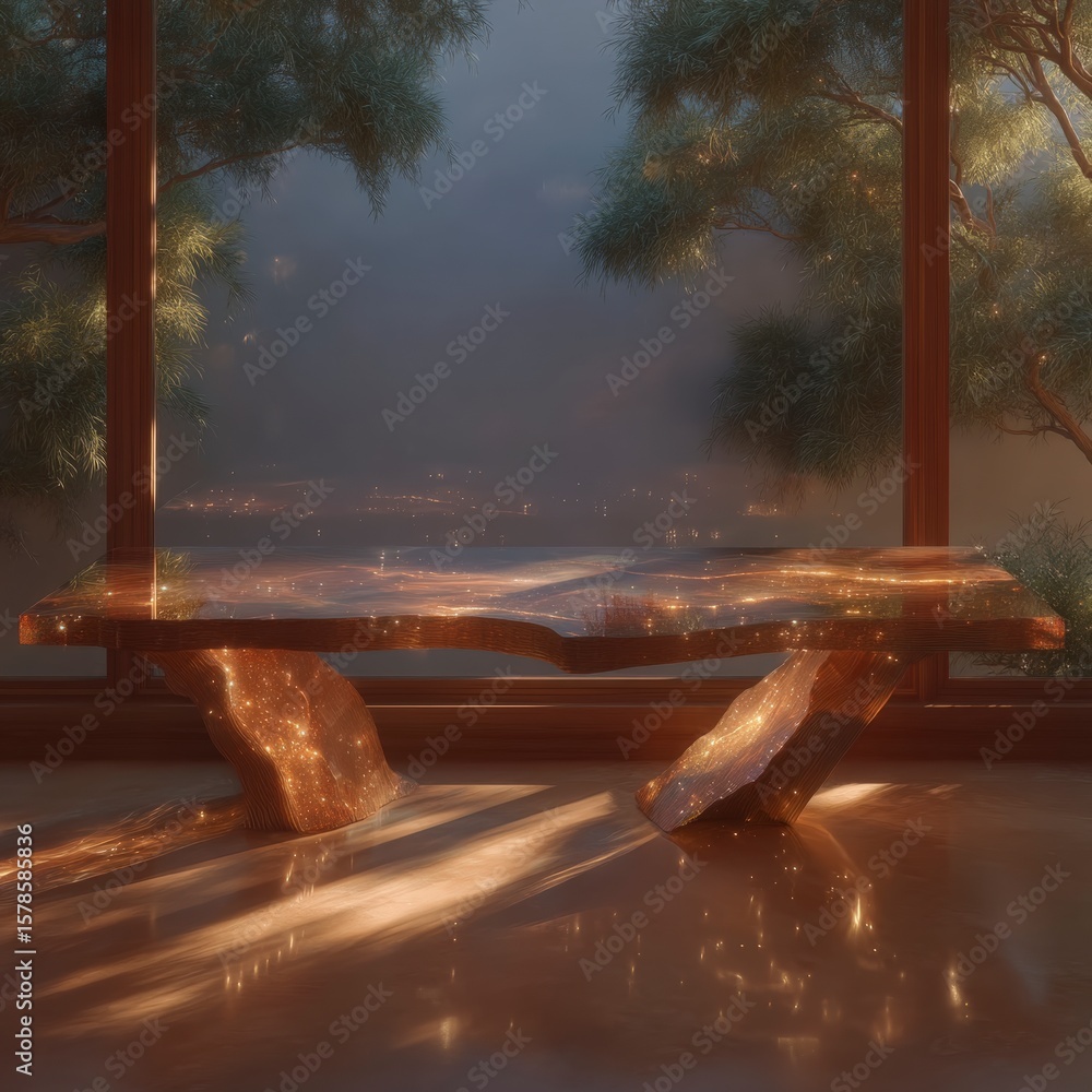 Poster illuminated wooden table with abstract resin reflecting a distant city lights view through trees
