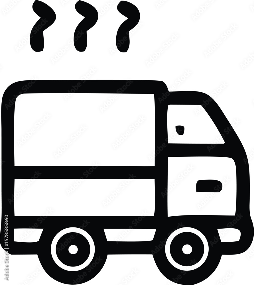 Poster simple black and white line drawing of a delivery truck with three question marks above it symbolizi