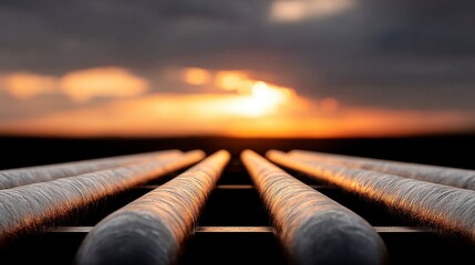 Metal pipelines stretching into the distance against a dramatic sunset sky