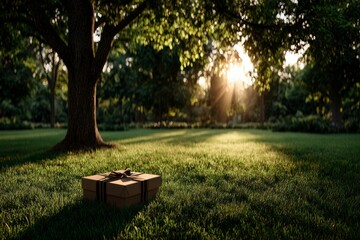 A single brown gift box with ribbon sits on green grass in a park setting with sun rays shining through trees