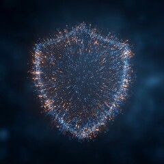 Glowing orb shield composed of numerous small blue and orange particles radiating outward against a dark background