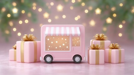 Pink gift boxes and a miniature truck with striped awning set against a bokeh background of sparkling lights