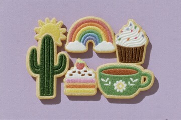 Assorted decorative cookies including cactus rainbow cupcake layered cake and hot drink on a lilac background