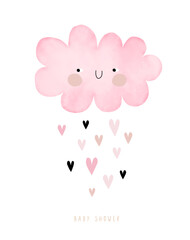 Fluffy Smiling Cloud And Rain Of Hearts on a White Background. Simple Nursery Art. Cute Simple Baby Shower Vector Card For Baby Girl. Pink Cloud With Tiny Hearts.