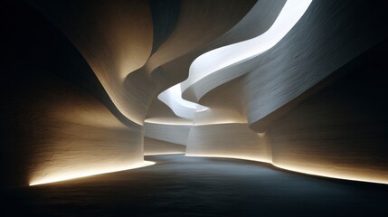 Interior abstract architectural tunnel with smooth curved walls and soft ambient lighting