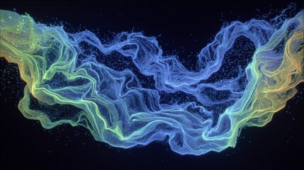 Abstract swirling waves of luminous particles transitioning from yellow to blue against a dark background