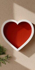 A white heart shaped frame with a deep red interior rests on a textured beige surface with branch shadows