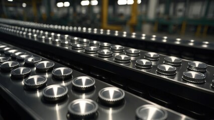 Industrial aesthetic: rows of identical silver metal bottle caps mockup glide along a modern factory conveyor belt. Metallic textures highlight precision and manufacturing. Beverage packaging template