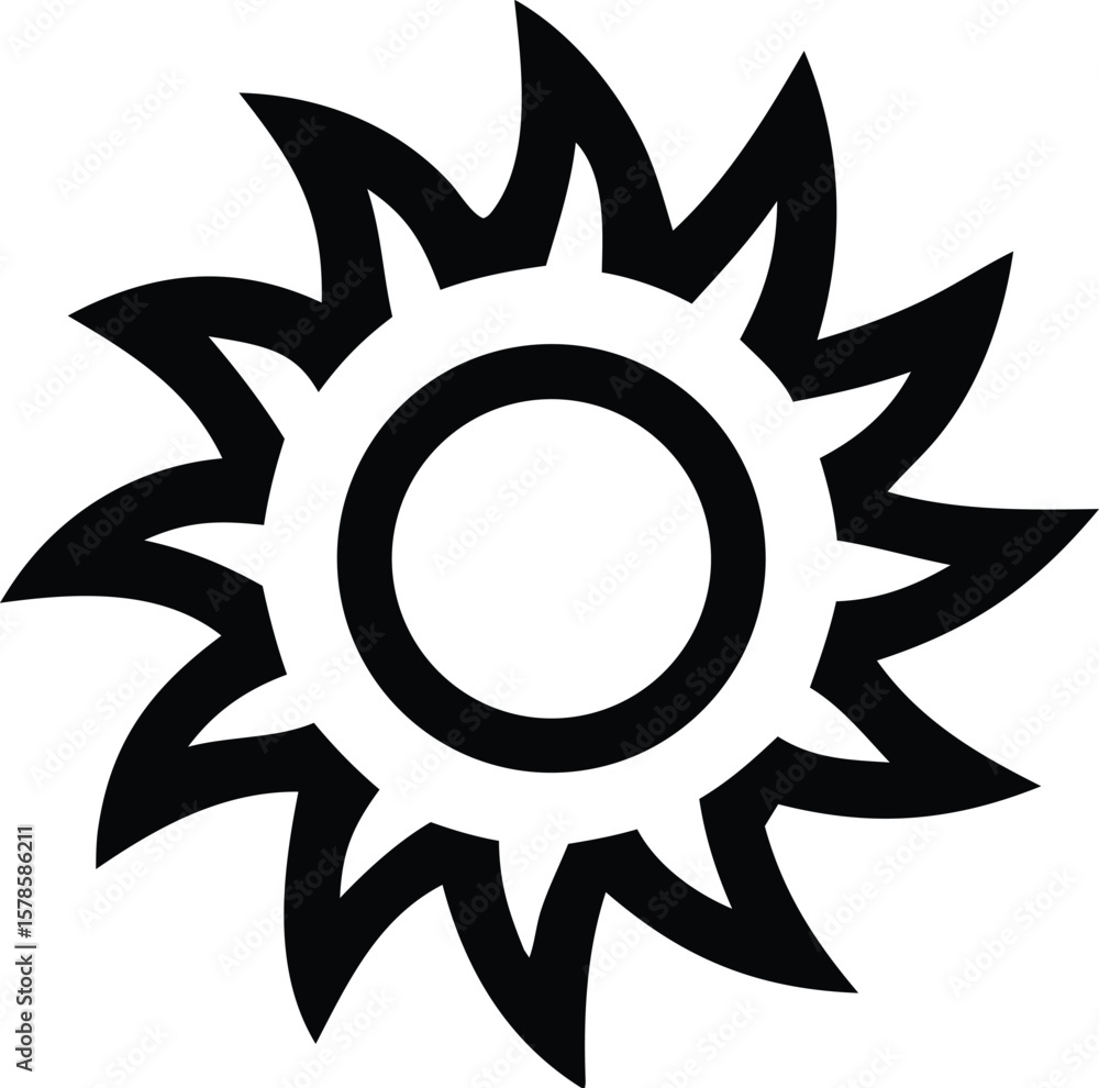 Poster stylized black sun symbol with sharp pointed rays emanating from a central circle against a clean wh