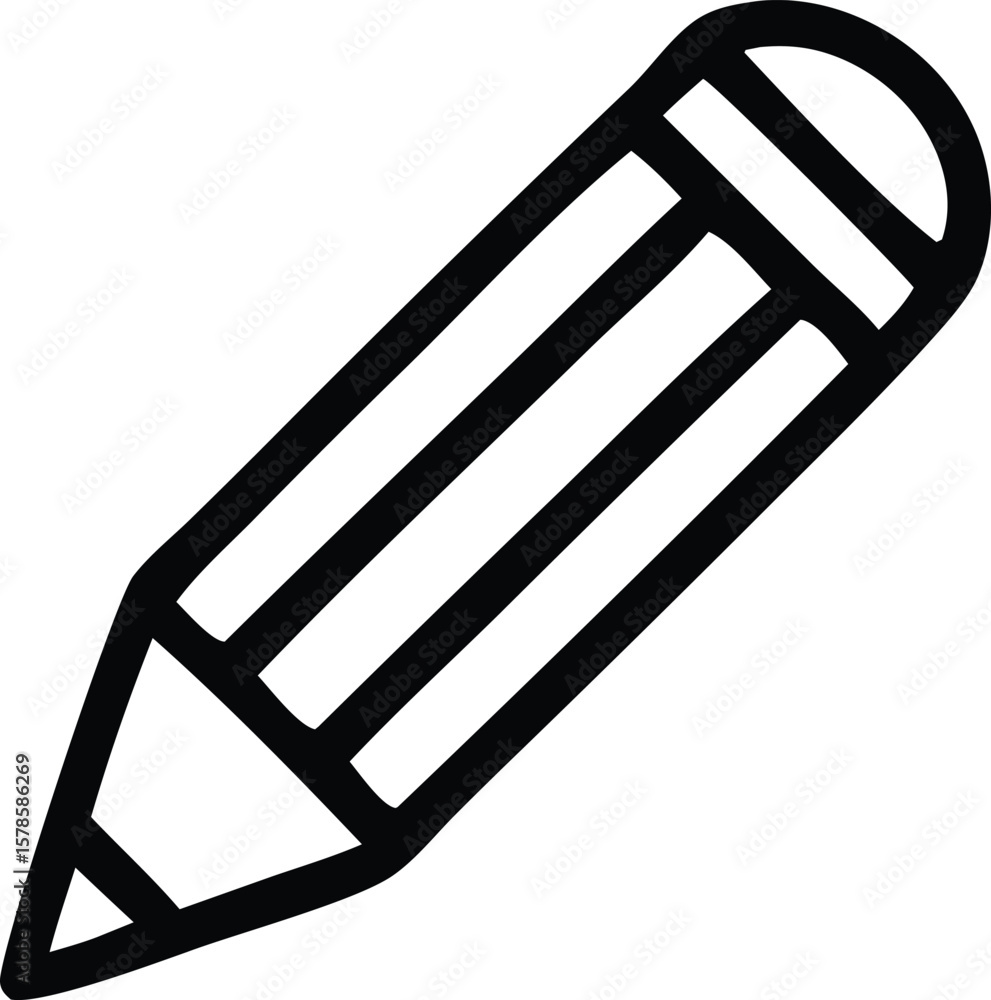 Poster a simple black outline icon of a pencil with a sharpened tip and striped eraser presented on a plain