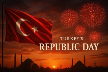 Republic Day Turkey Banner with National Flag and Fireworks