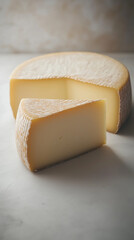 Deliciously crafted cheese wheel with a slice removed, displayed on a clean surface showcasing its texture and color