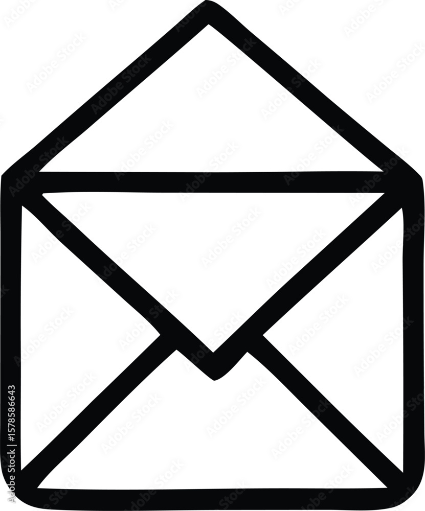 Poster simple hand drawn black outline of an open envelope with a pointed flap on a white background repres