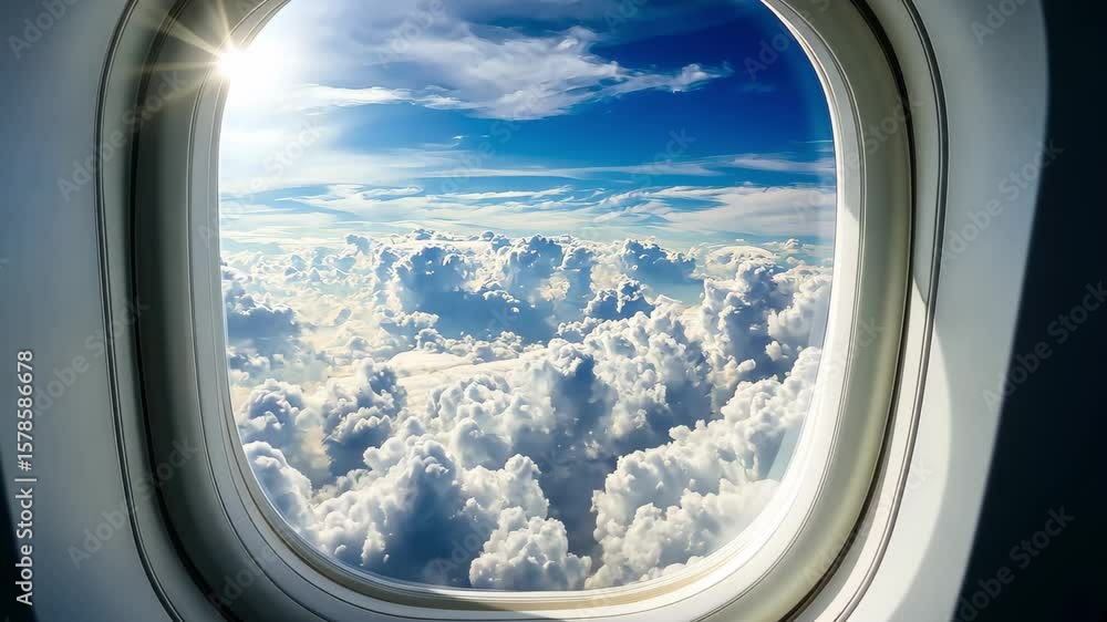 Poster bright cloudscape view from an airplane window during a clear day, bright cloudscape, view from the 