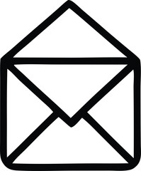 Simple hand drawn black outline of an open envelope with a pointed flap on a white background representing communication and correspondence