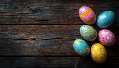 Colorful Easter eggs lie on dark, rustic wood planks background. This image can represent spring holidays, family, and traditions.