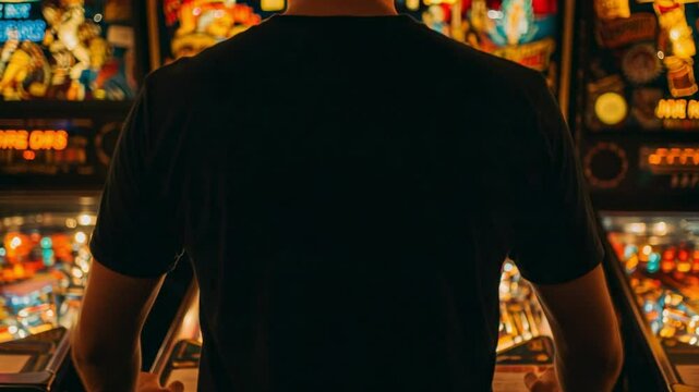 Man from behind playing a vintage pinball machine. Retro arcade gaming with colorful lights. Gamer enjoying classic entertainment.