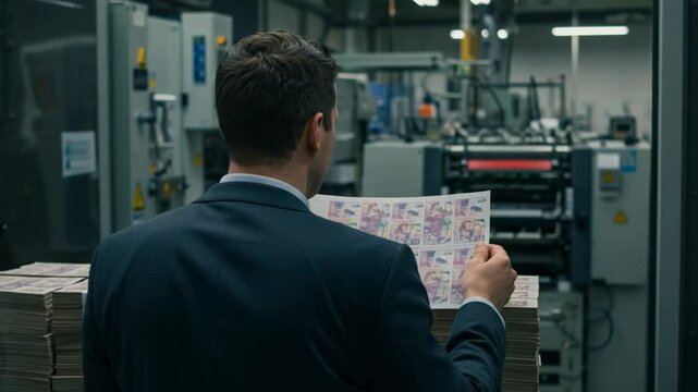 Businessman inspecting a sheet of newly printed banknotes. Quality control inspector at a currency printing factory.