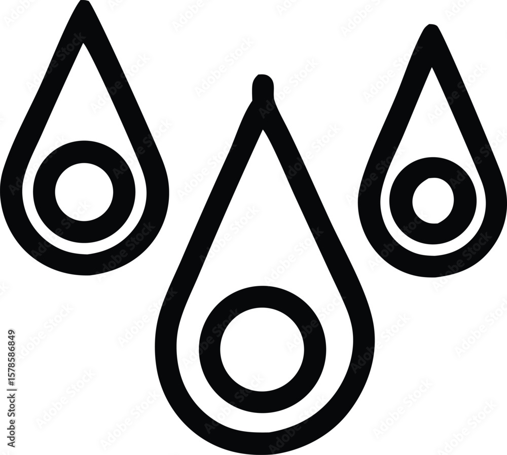 Poster three abstract black teardrop shapes with concentric circles inside presented on a clean white backg