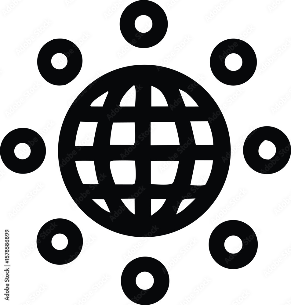 Poster abstract black and white icon representing a globe surrounded by orbiting circles symbolizing global