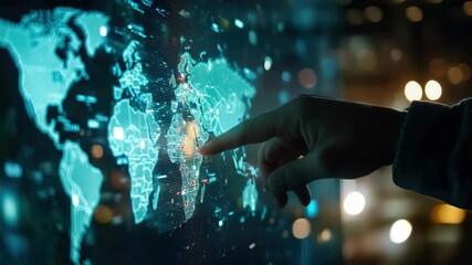 Hand interacting with a world map displayed on a technological interface - Powered by Adobe