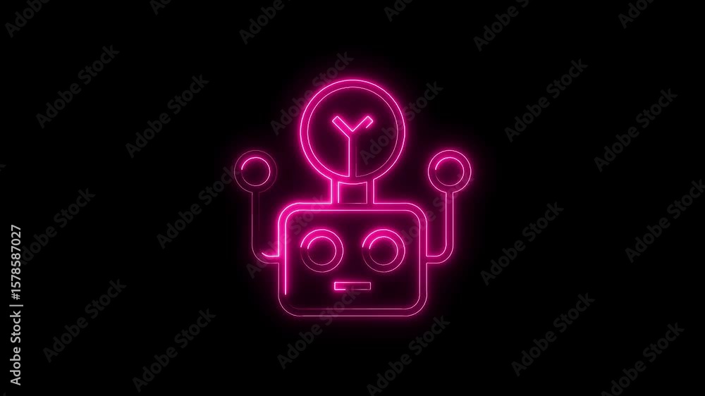 Aufkleber animated pink neon robot icon with arms and head on dark background loopable