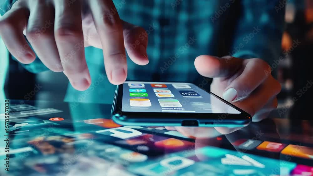 Poster Closeup of a man using a smartphone with fingers to interact with a glowing touchscreen display, Closeup man uses smartphone fingers type slide touchscreen display in social media