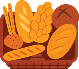 Colorful flat vector illustration of various types of bread in a wicker basket, including baguette, seeded rolls, braided loaf, and breadsticks. Ideal for bakery branding, menu design, packaging