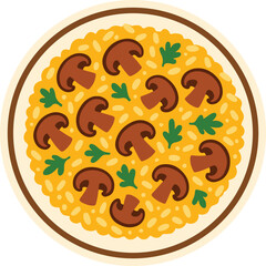 A vibrant flat-style vector illustration of a creamy mushroom risotto served on a plate, garnished with fresh parsley. Ideal for recipe blogs, Italian cuisine features, food packaging, or educational 