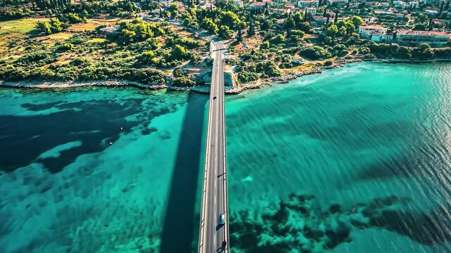 Drone view captures Chalkida Bridge spanning crystal clear waters of Evia Island, Drone aerial shot of Chalkida Bridge, an iconic landmark in Greece, the blue surface of the sea