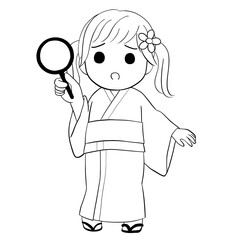 Worried Yukata Girl with Goldfish Scoop – Line Art (PNG)
