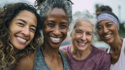 Happy multi generational women having fun together - Multiracial friends smiling on camera after sport workout outdoor - Main focus on african female face, no logos, no brands
