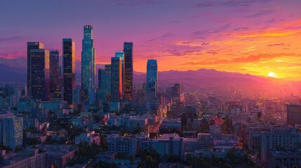 Obraz premium A vibrant cityscape at sunset, blending nature and urban life.
