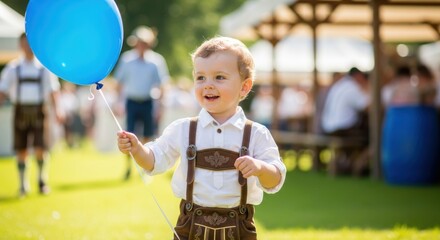 Boy in Lederhosen Playing with Balloon at Oktoberfest