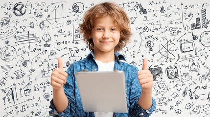 leisure, children, technology, education and people concept - smiling boy with tablet pc computer and notebook showing thumbs up at home over mathematical doodles, no logos, no brands
