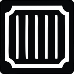 A stylized black and white graphic featuring a square frame with rounded corners and five vertical white bars inside