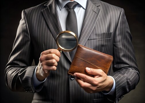 Businessman Inspecting Wallet with Magnifying Glass for Financial Analysis and Verification