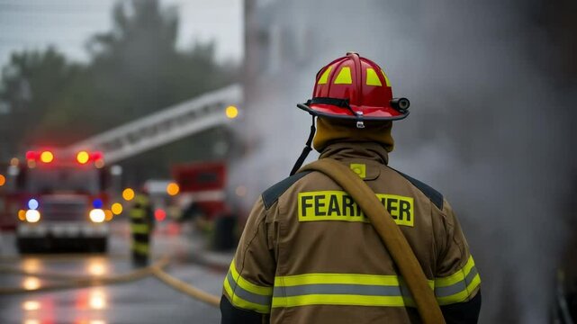 FEAR ER. Heroic firefighter in full gear stands ready at a fire scene, with a blurry fire truck and smoke in the background.