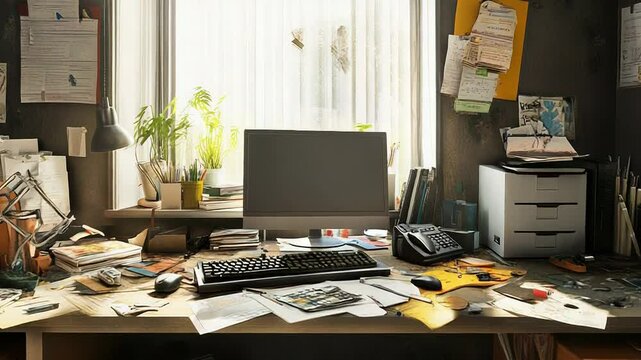 Messy office desk covered in clutter and documents